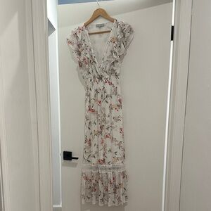 Floral Ruffle Maxi Dress in White and Pink